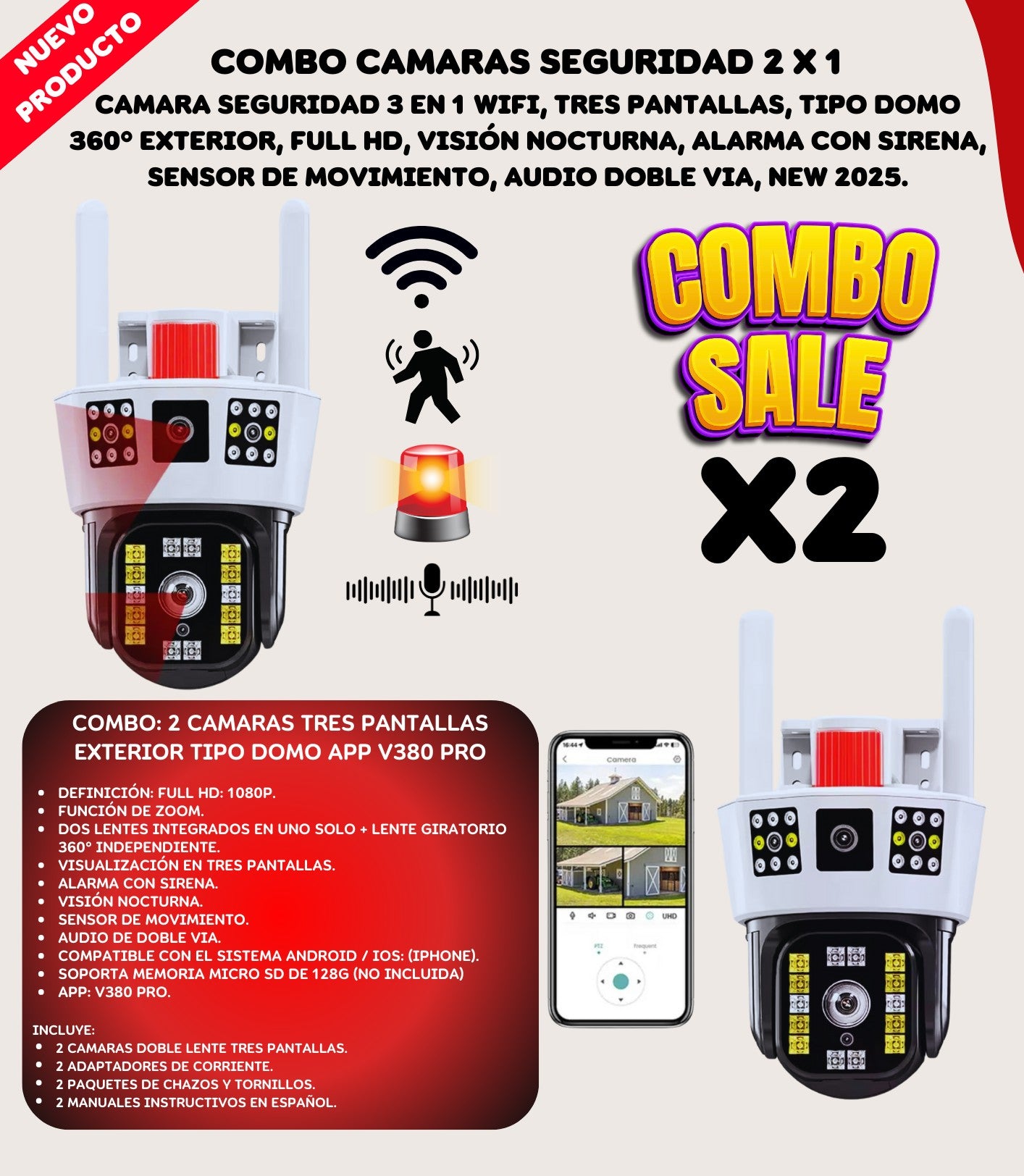 Kit 2 Cámaras Seguridad 3 Pantallas Sire